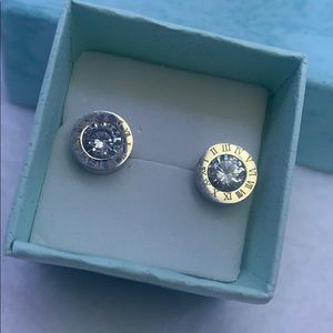 Silver round disc Roman numeral CZ earrings